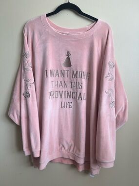 Disney Beauty and the Beast Women’s 1X "Provincial Life" Pink Velour Crewneck.